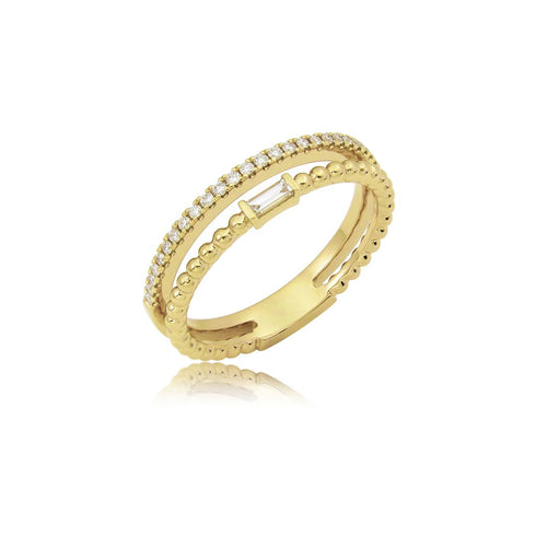 Baguette Diamond Beaded Double Row Ring - 1